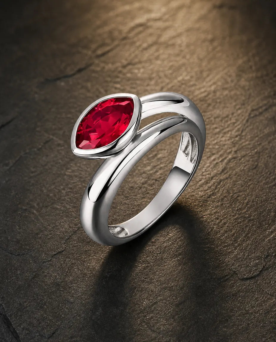 Lab ruby east-west marquise bezel statement ring in 925 sterling silver