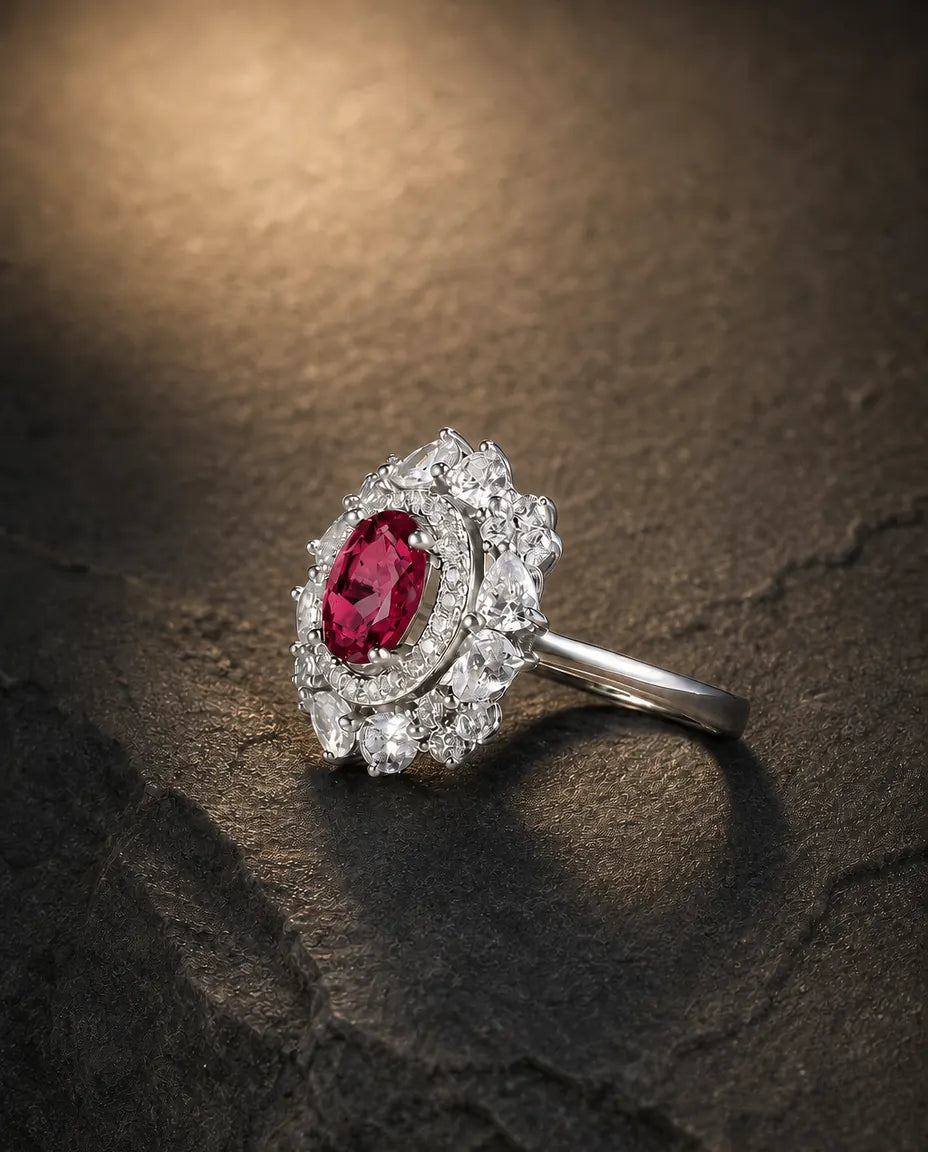 Lab ruby oval halo-cluster vintage ring in 925 sterling silver