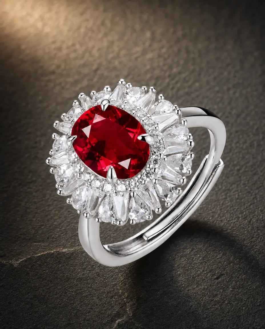 Lab ruby oval sunburst halo adjustable ring in 925 sterling silver