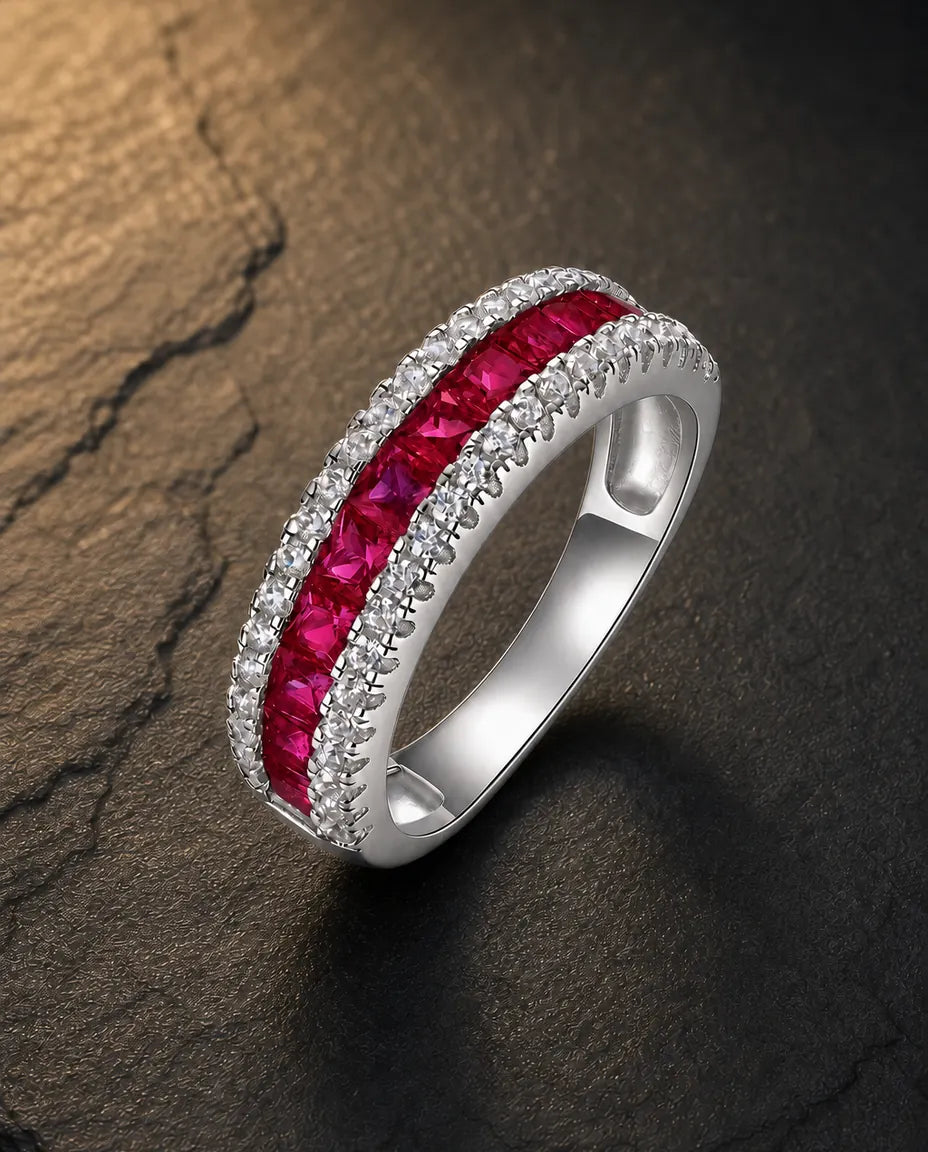 Lab ruby princess-cut pavé eternity ring in 925 sterling silver