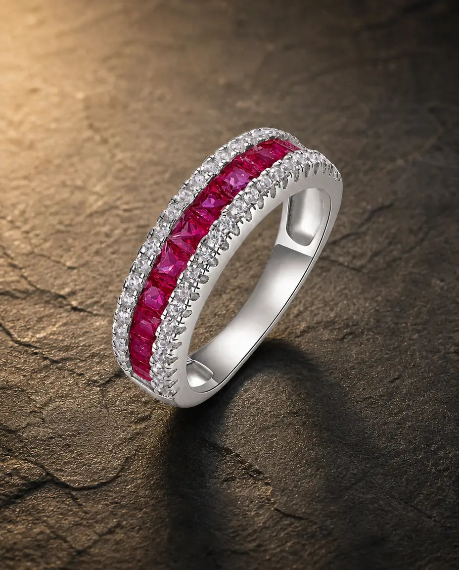 Lab ruby channel-set princess-cut pavé eternity ring in 925 sterling silver