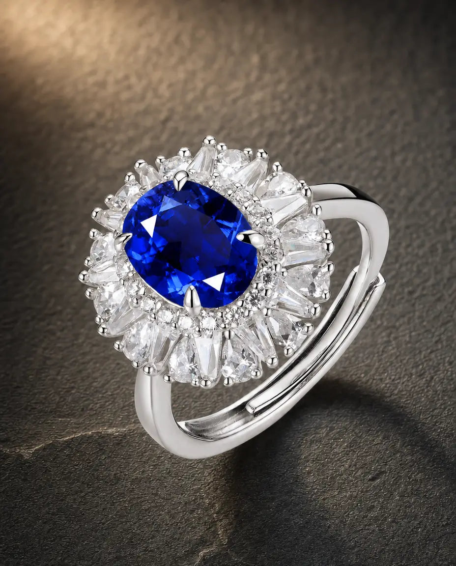 Lab sapphire oval sunburst halo adjustable ring in 925 sterling silver