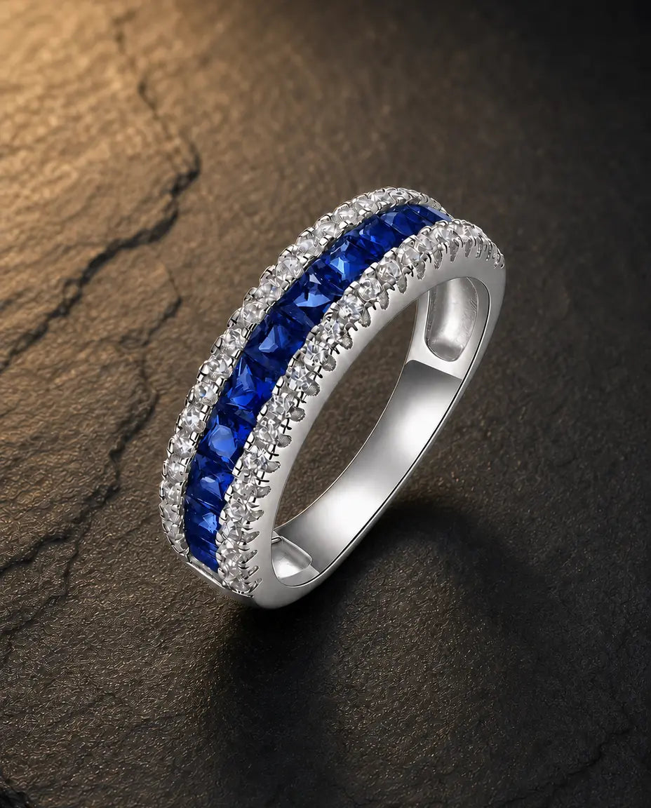 Lab sapphire princess-cut pavé eternity ring in 925 sterling silver