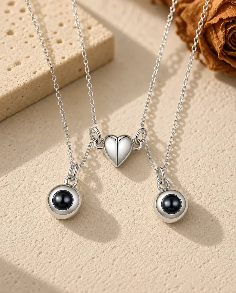 Personalized Photo Projection Couple Necklace Set of 2 - matching pair laid flat