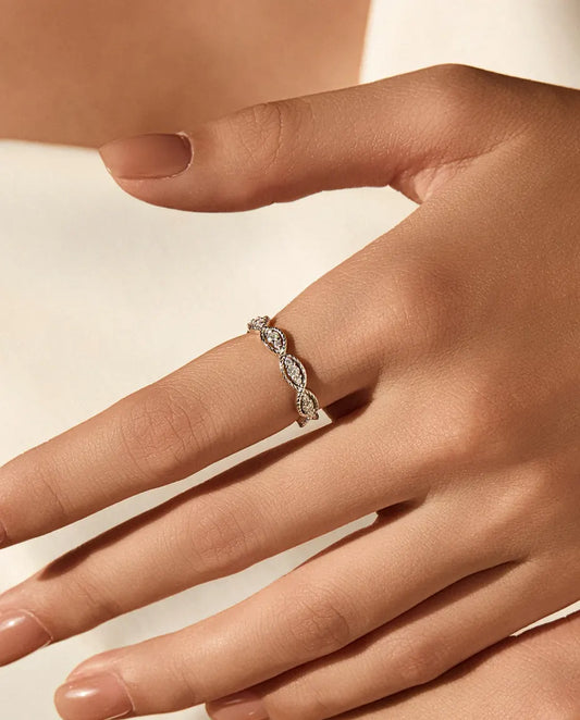 Marquise milgrain moissanite ring in 925 sterling silver, vintage stackable band