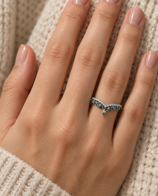 Marquise Moss Agate Chevron Ring - worn on the hand