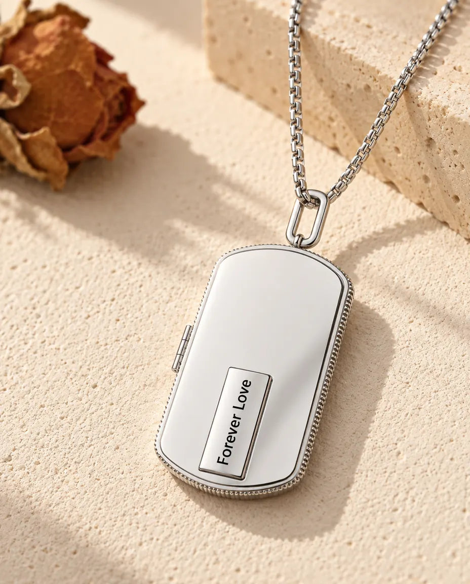 Personalized men's dog tag photo locket necklace in silver with engraved name plate reading Forever Love