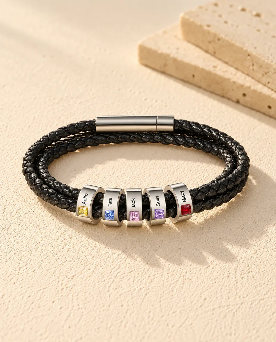 Men's Leather Bracelet - version with 5 names and birthstones