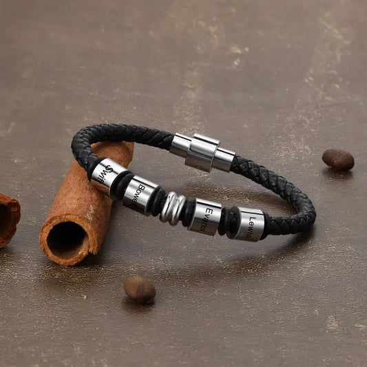 Personalized Name Engraved Men's Leather Bracelet