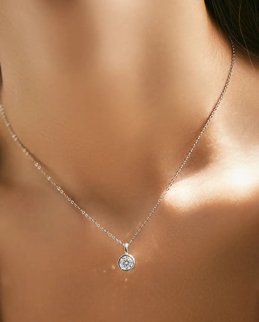 Moissanite Bezel Necklace – 1ct D Color VVS1 Round Pendant in 925 Sterling Silver, Minimalist