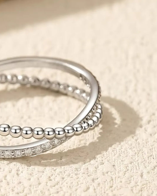 Moissanite Crossover Ring – Beaded Band Crossing a Pave Band in 925 Sterling Silver, Dainty Stacking Ring, Sizes 5-9