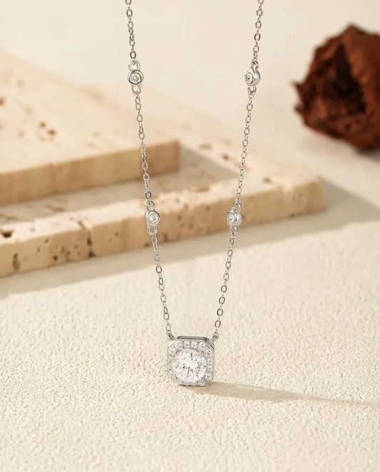 1 carat moissanite cushion halo pendant necklace in 925 sterling silver with zirconia station chain