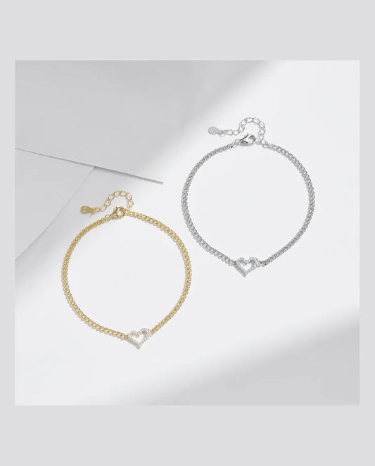 Moissanite open heart curb chain bracelet in silver or gold