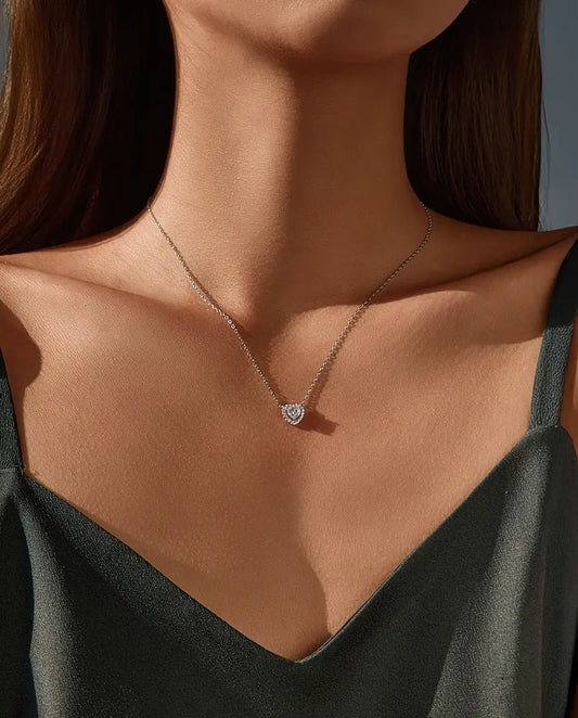Moissanite heart necklace in 925 sterling silver, D color heart-cut halo pendant for women