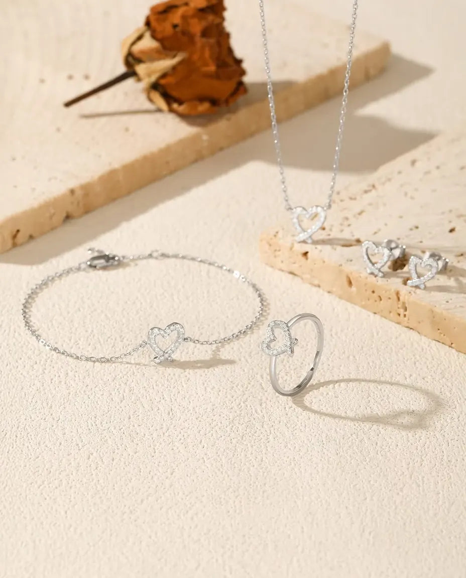 Moissanite open heart jewelry set in 925 sterling silver: necklace, bracelet, ring and stud earrings