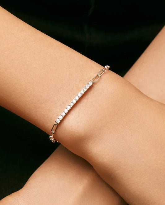 Moissanite pave bar bracelet on paperclip chain in 925 sterling silver