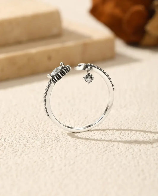 Moon and star open ring in oxidized 925 sterling silver