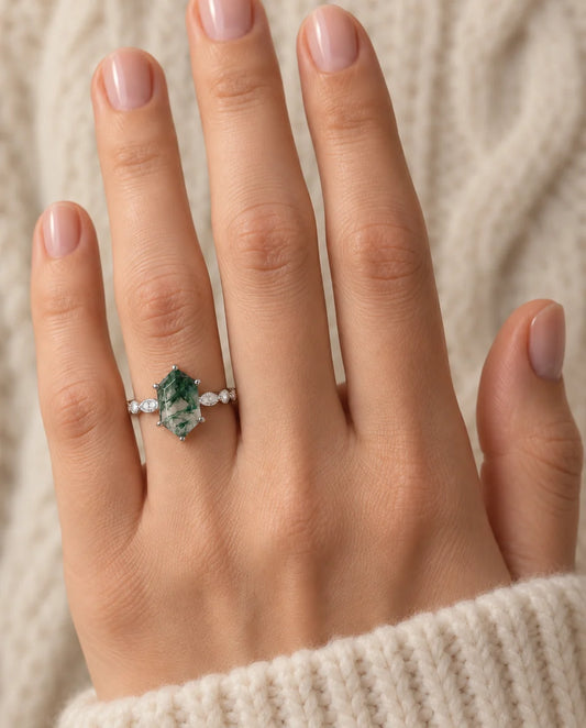 Elongated Hexagon Moss Agate Ring - worn on the hand