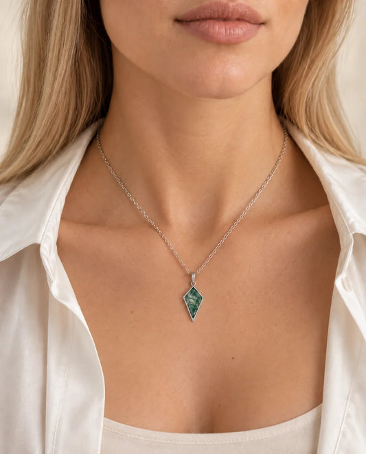 Moss Agate Necklace - worn on a model