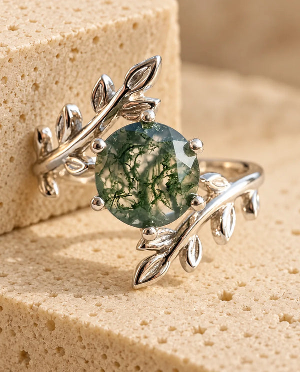 Leaf Moss Agate Ring in Sterling Silver – Nature-Inspired Twig Solitaire with 8mm Round Green Stone, Ring for Her