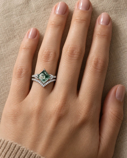 Princess-Cut Moss Agate Ring Set - worn on the hand
