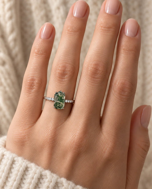 Emerald-Cut Moss Agate Ring - worn on the hand