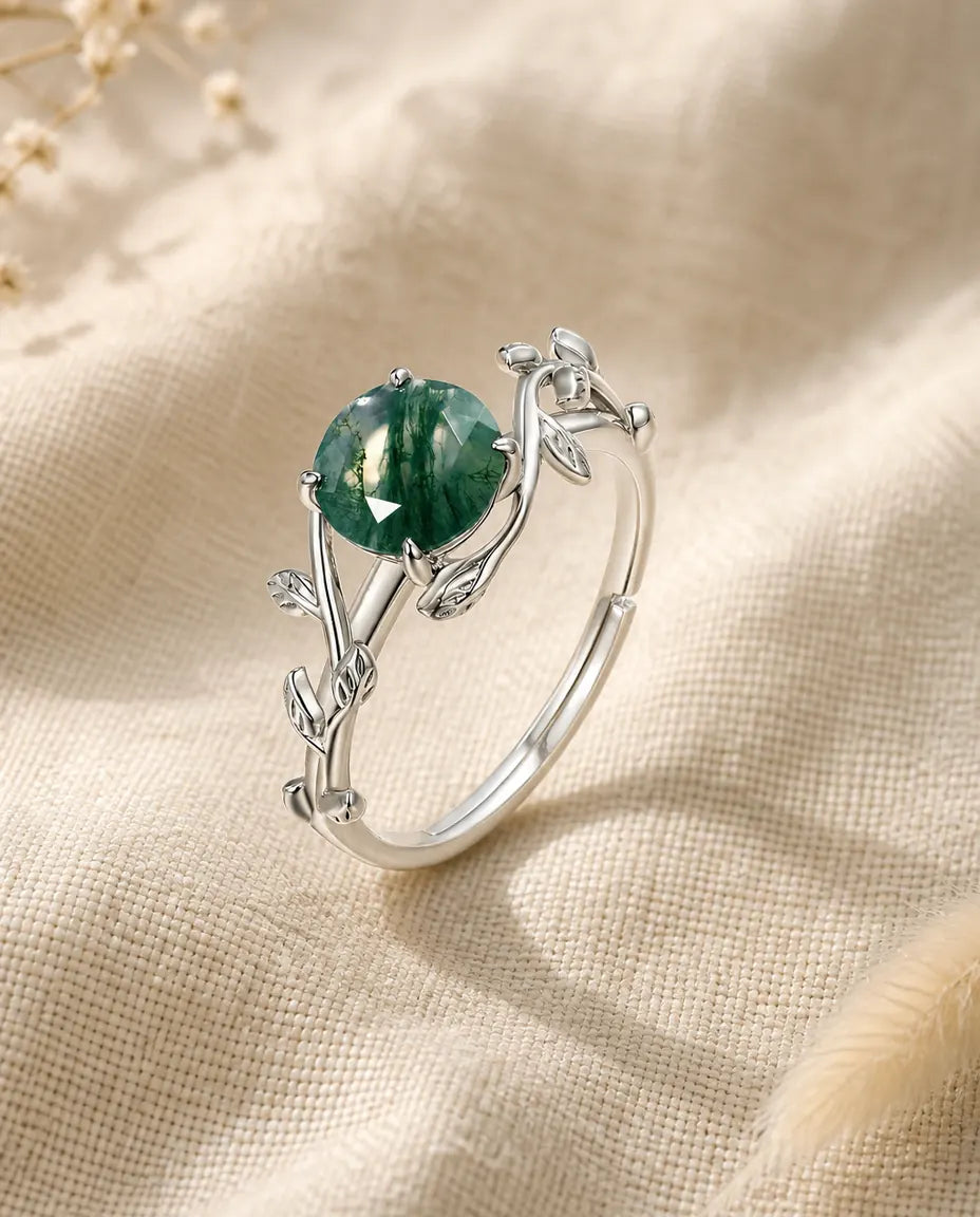 Moss agate vine ring with sculpted leaf band in 925 sterling silver