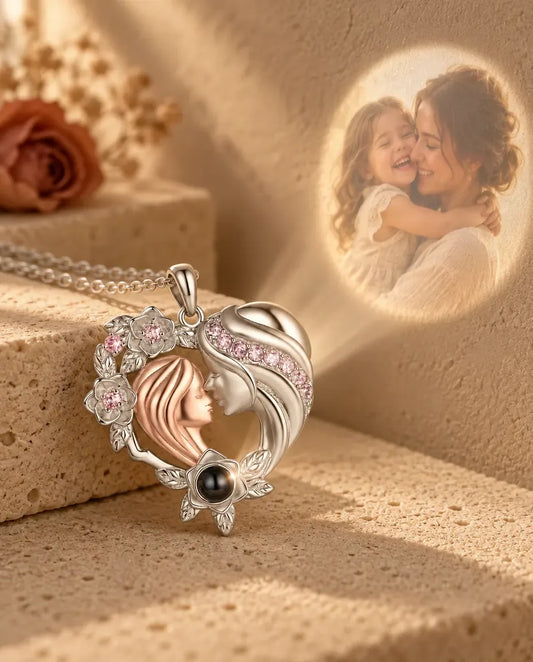 Mother & Daughter Photo Projection Necklace - projecting the hidden photo onto a wall