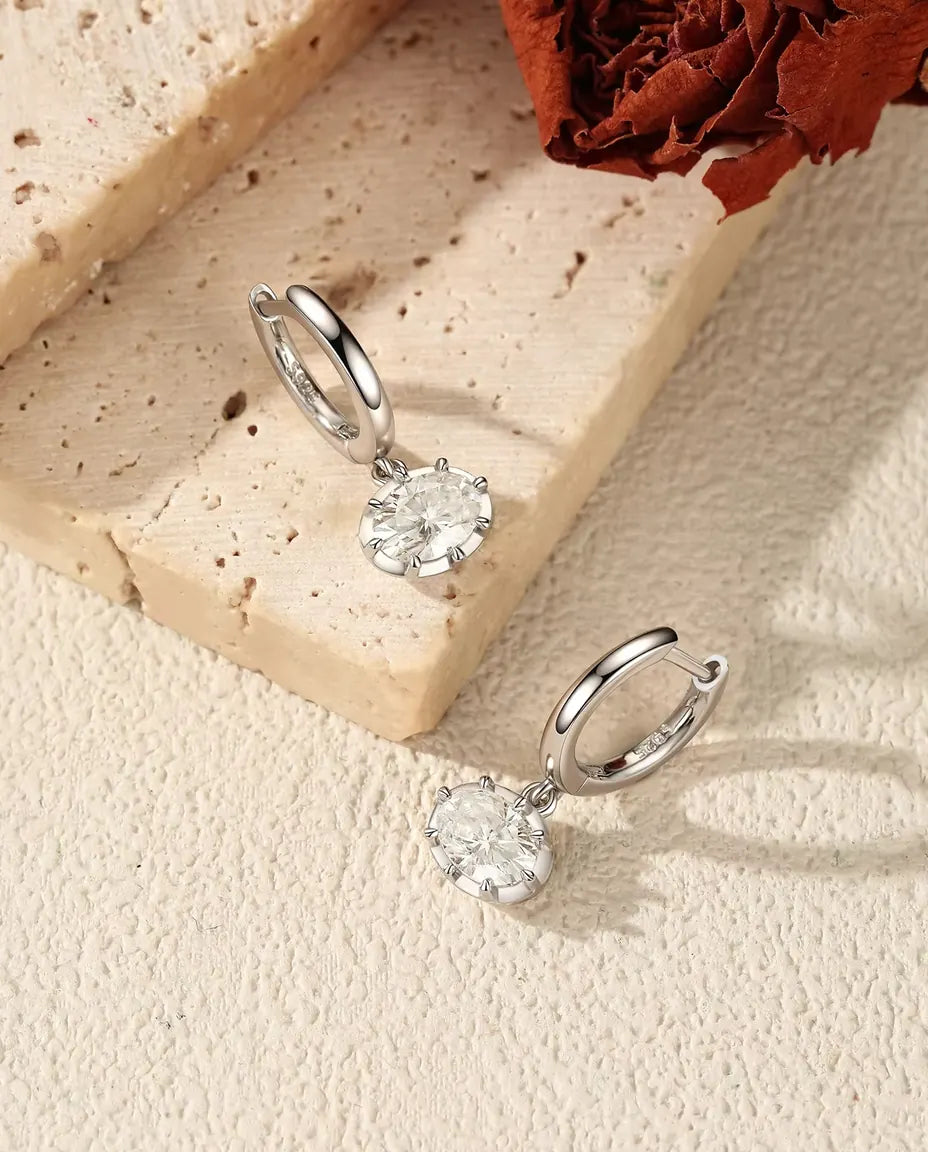 Oval moissanite drop huggie earrings in 925 sterling silver