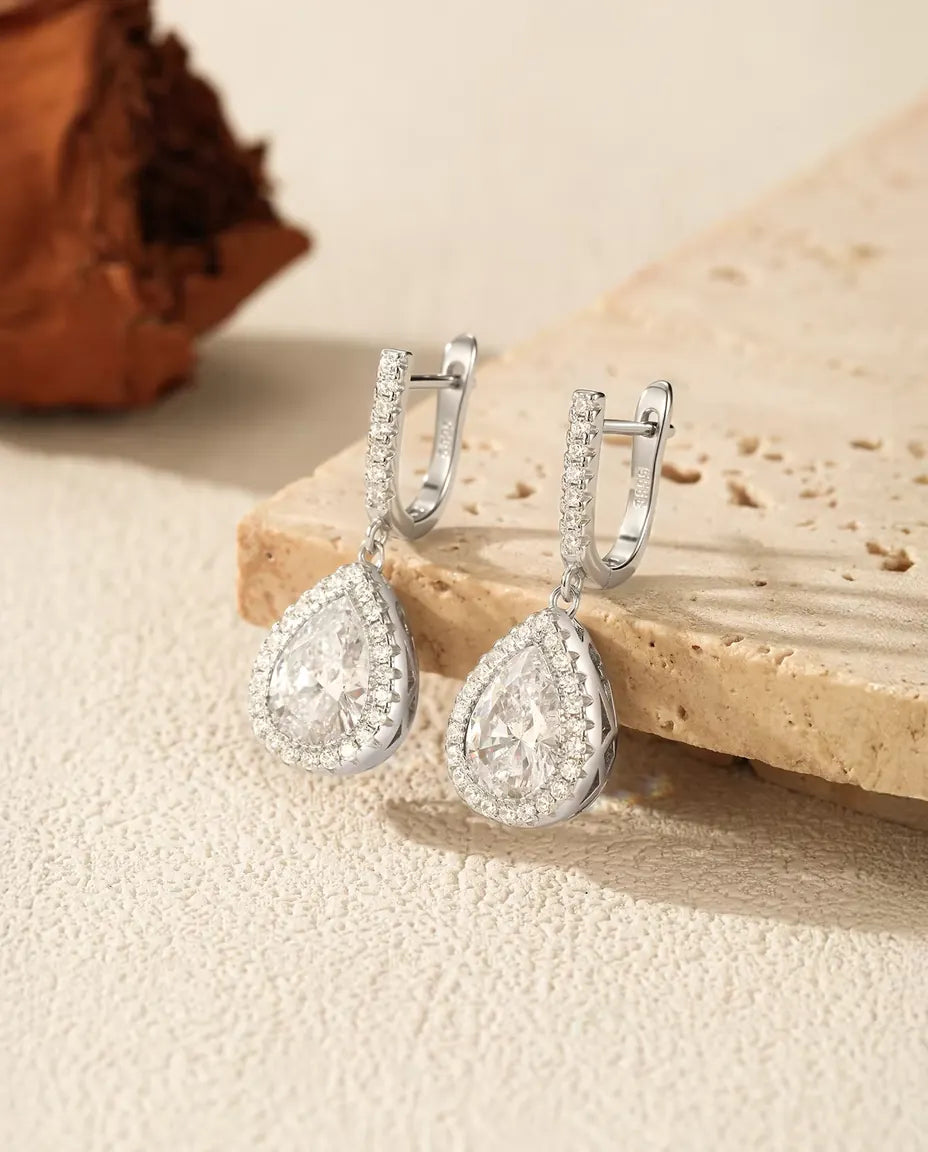 Pear cut zirconia halo leverback drop earrings in 925 sterling silver