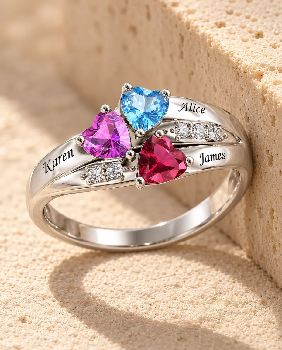 Personalized 3 Birthstone Ring for Mom - in sterling silver