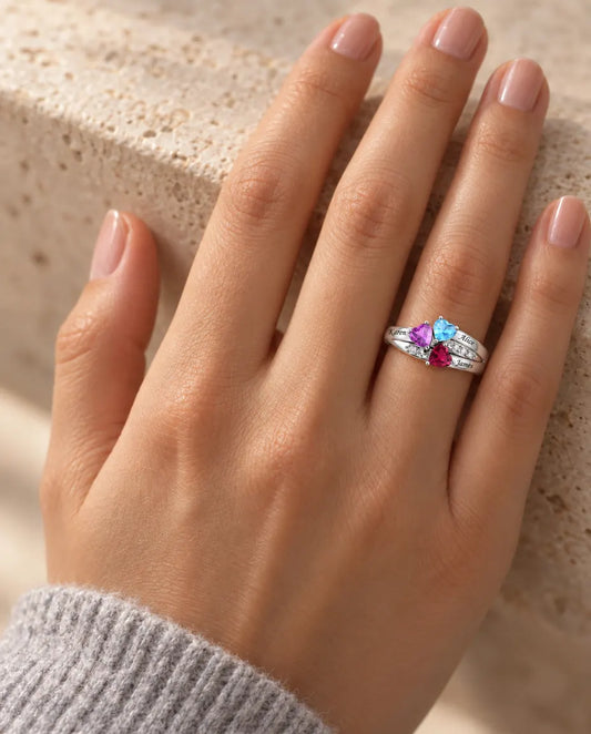 Personalized 3 Birthstone Ring for Mom - worn on the hand