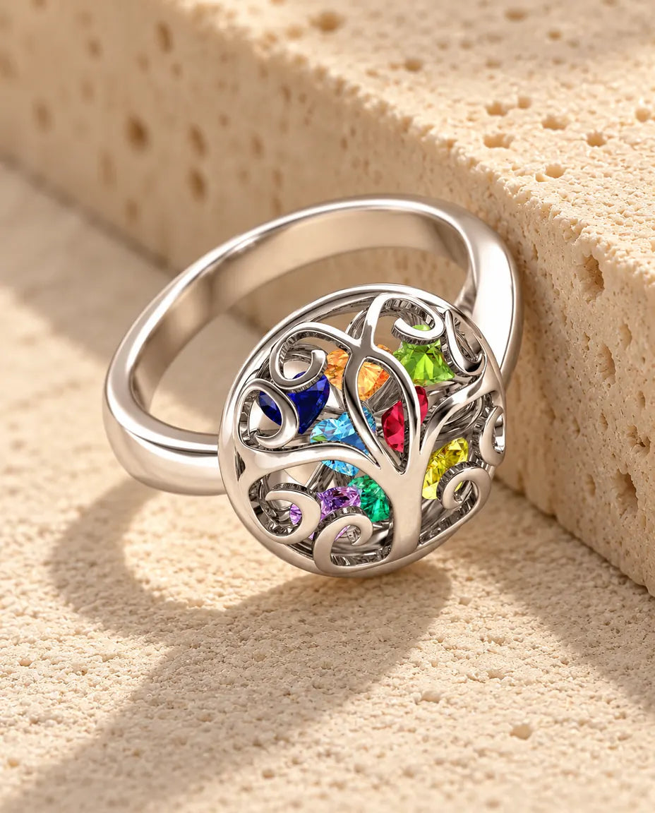 9 Birthstone Tree of Life Ring for Mom - in sterling silver