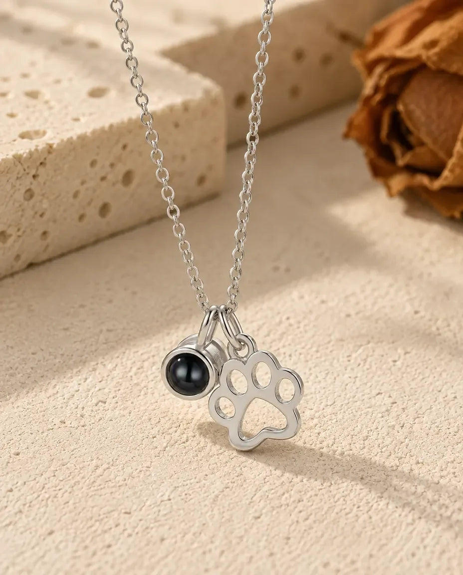 Personalized Paw Print Photo Projection Necklace - front view in silver