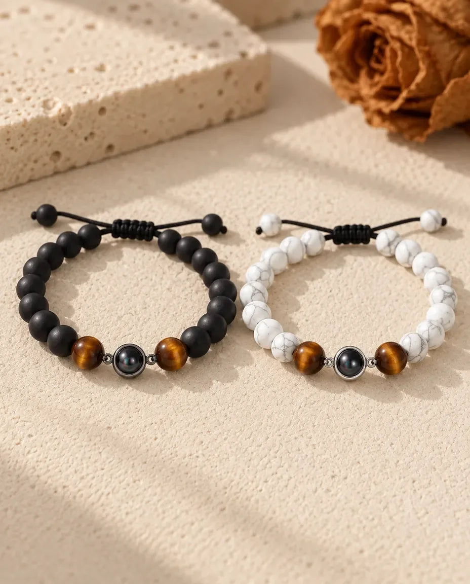 Couple Photo Projection Bracelets - matching pair laid flat