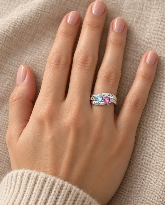Dual Heart Birthstone Name Ring - worn on the hand
