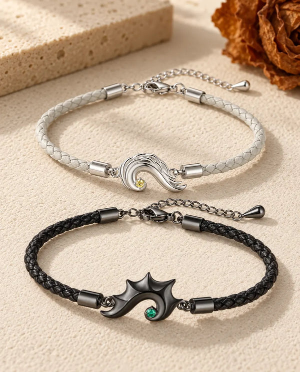 Matching Couple Bracelets for Him & Her – Personalized Dragon & Angel Wing Split Heart, Engraved Names, Leather Set, Anniversary Gift