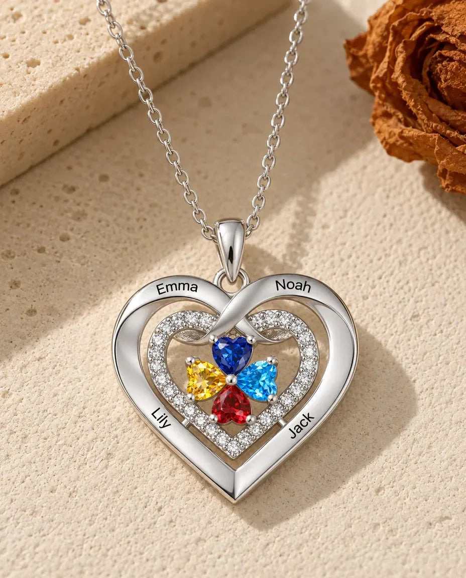 Personalized Heart Birthstone Necklace for Her - front view in silver