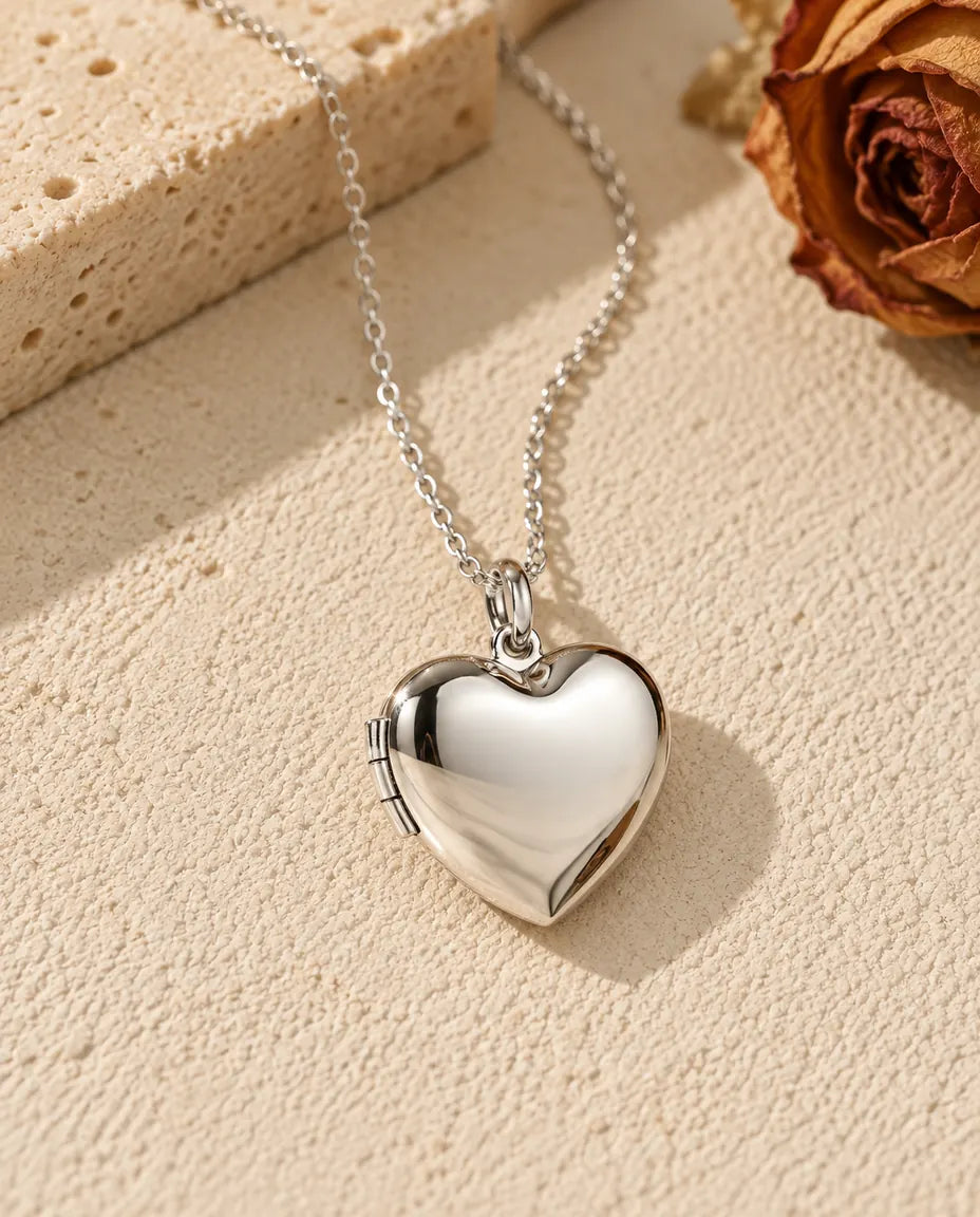 Personalized Heart Photo Locket Necklace - front view in silver