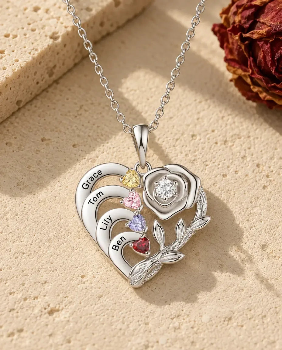 Personalized Heart Birthstone Necklace for Mom & Grandma - front view in silver