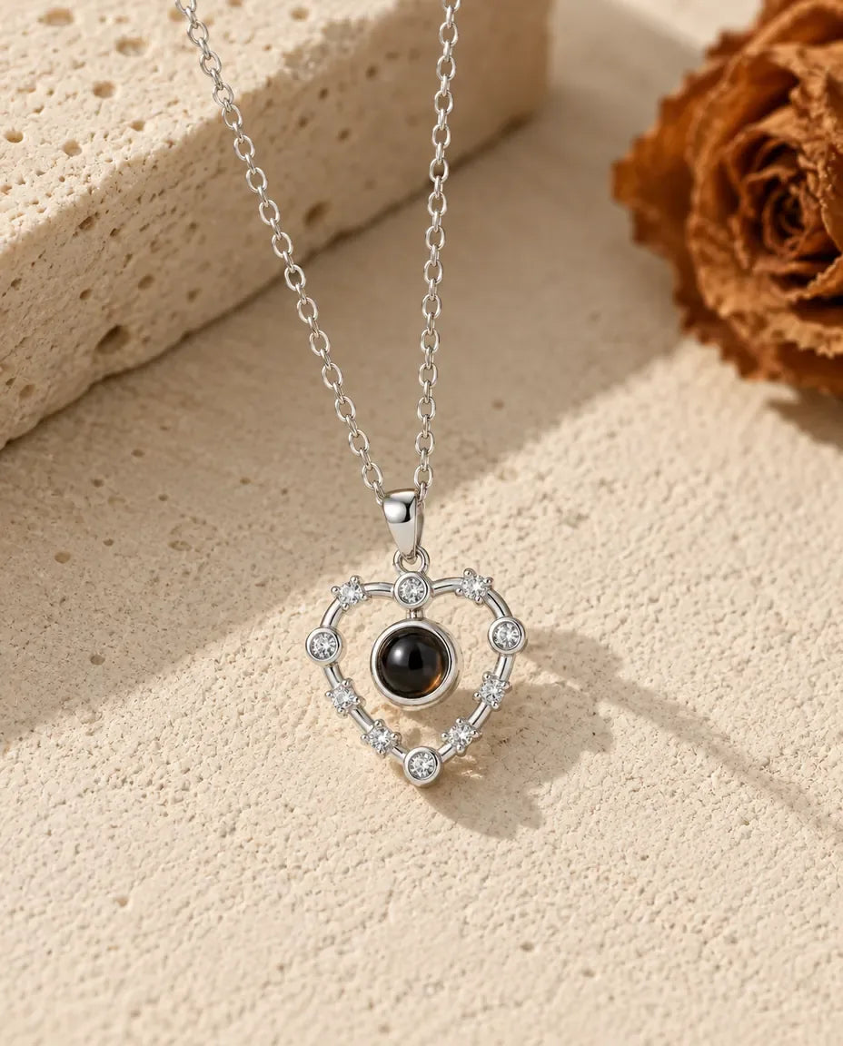 Heart Photo Projection Necklace - front view in silver