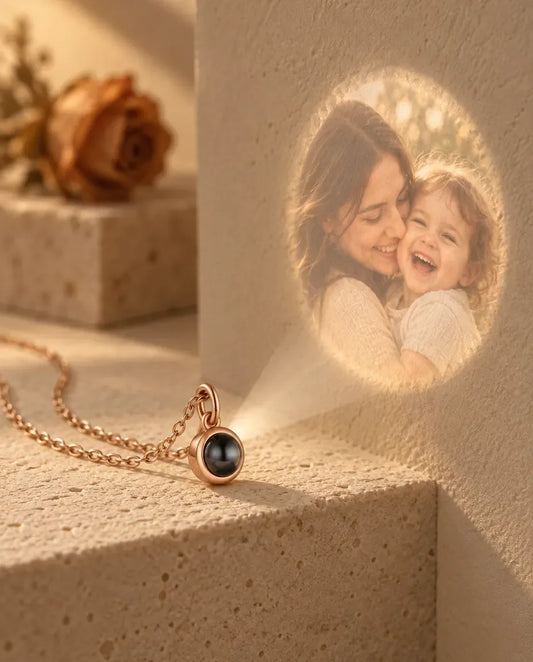 Personalized Photo Projection Necklace - projecting the hidden photo onto a wall