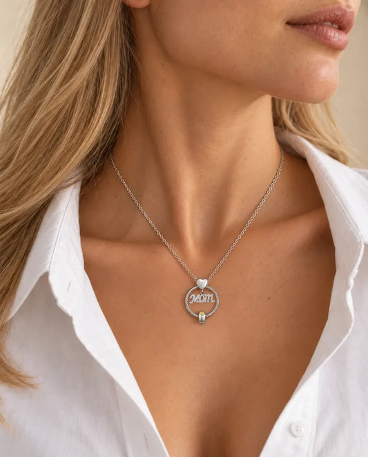 Personalized Birthstone Name Necklace for Mom - worn on a model