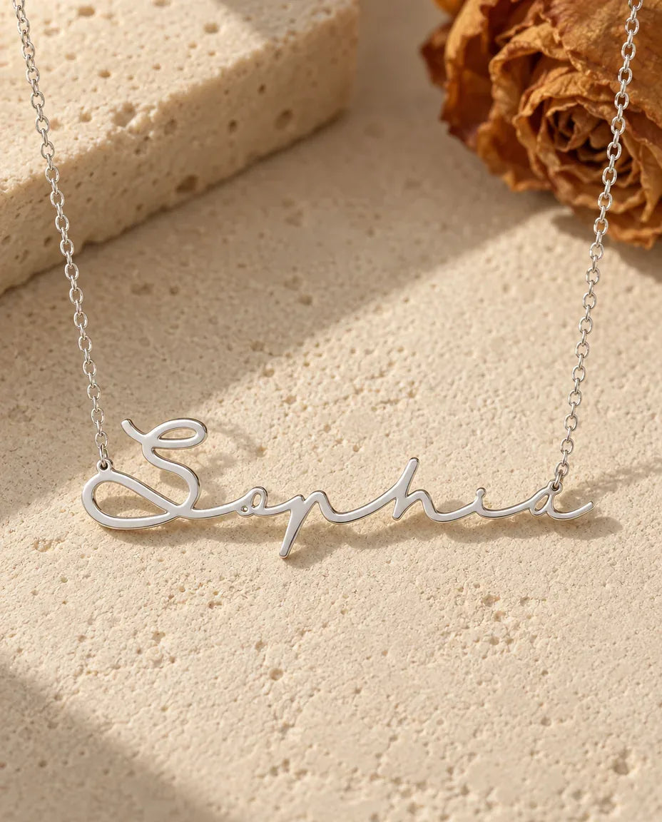 Cursive Name Necklace - front view in silver