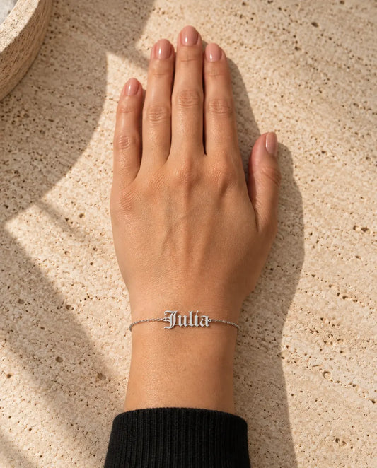 Personalized Old English Name Bracelet for Women - worn on a model