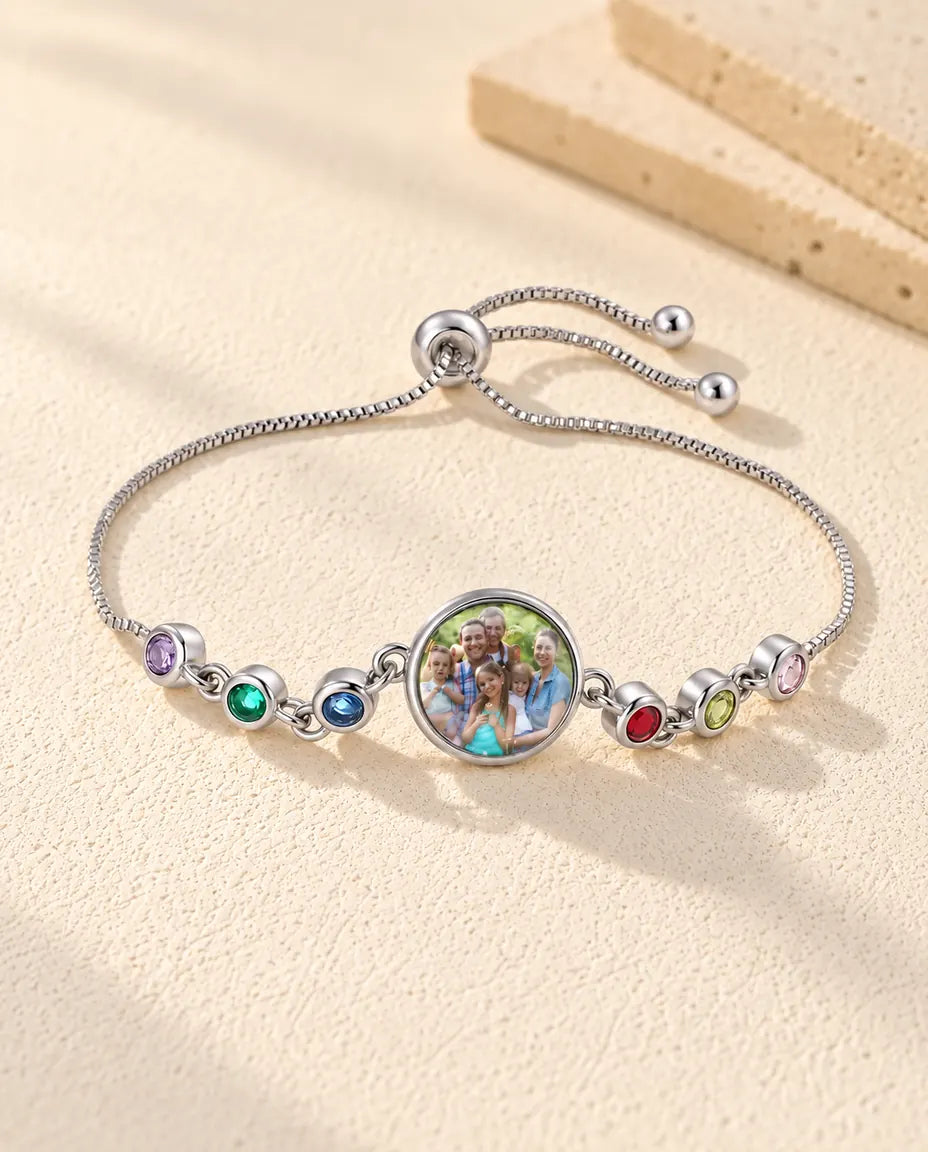 Personalized Photo Bracelet with 1-6 Birthstones - front view