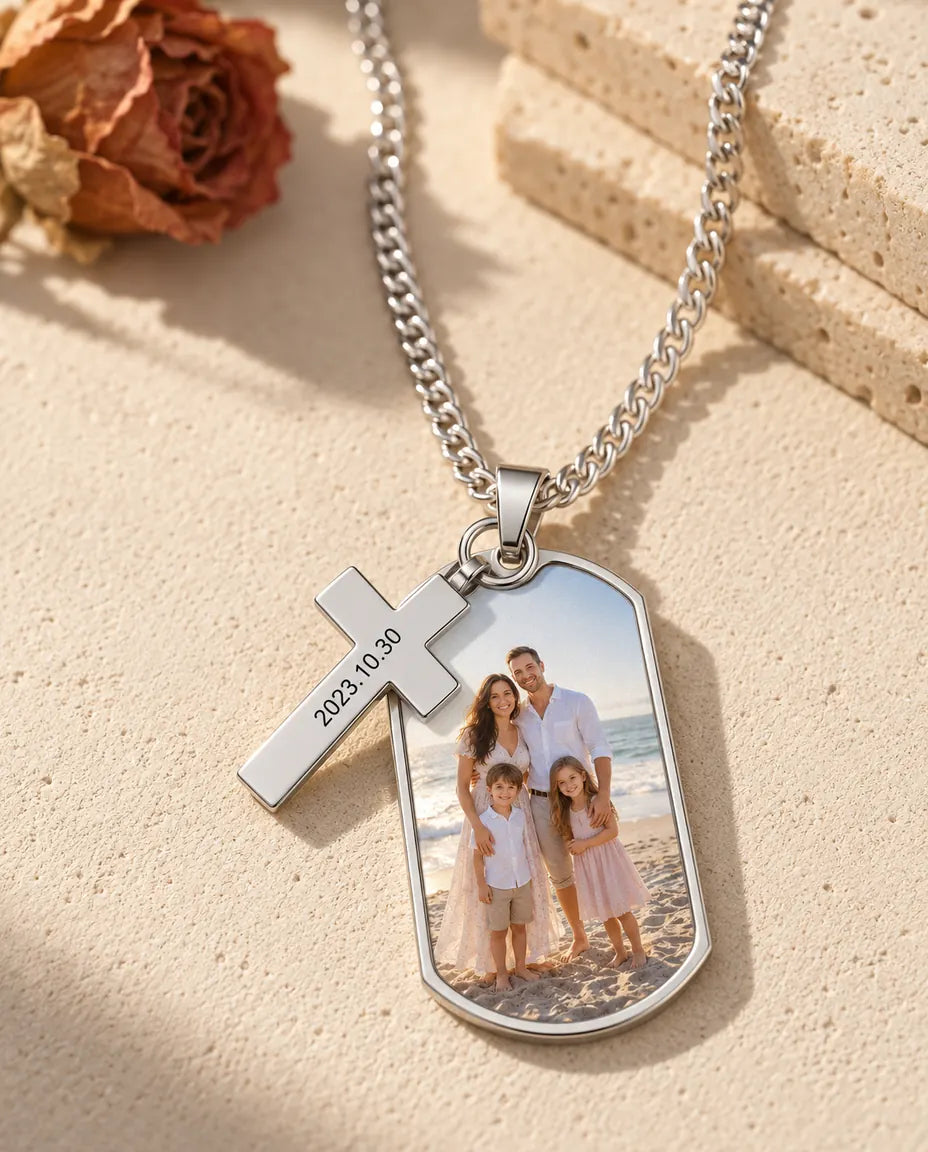 Photo dog tag necklace with a color family photo and a small cross engraved with a date