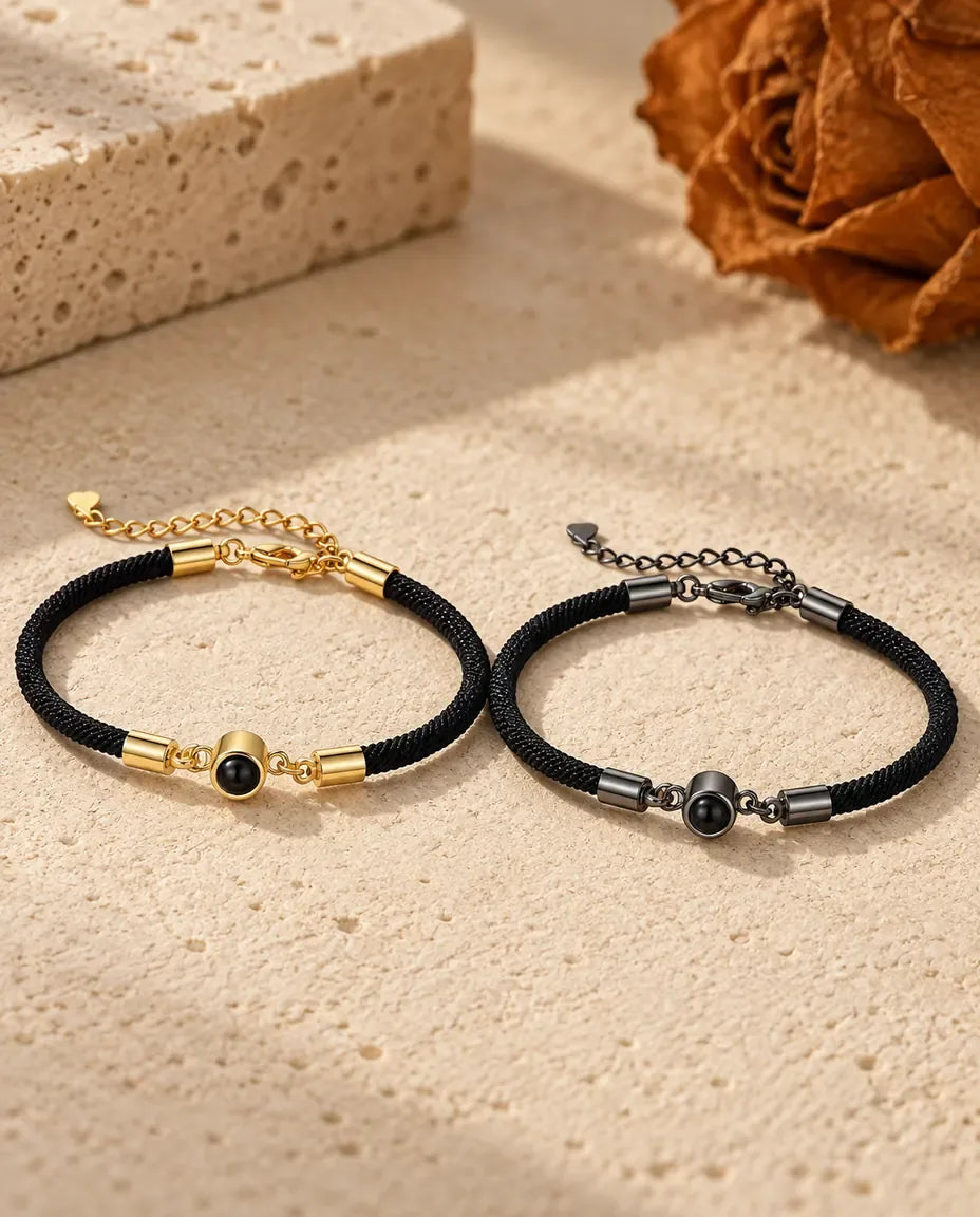 Photo Projection Couple Bracelet - matching pair laid flat