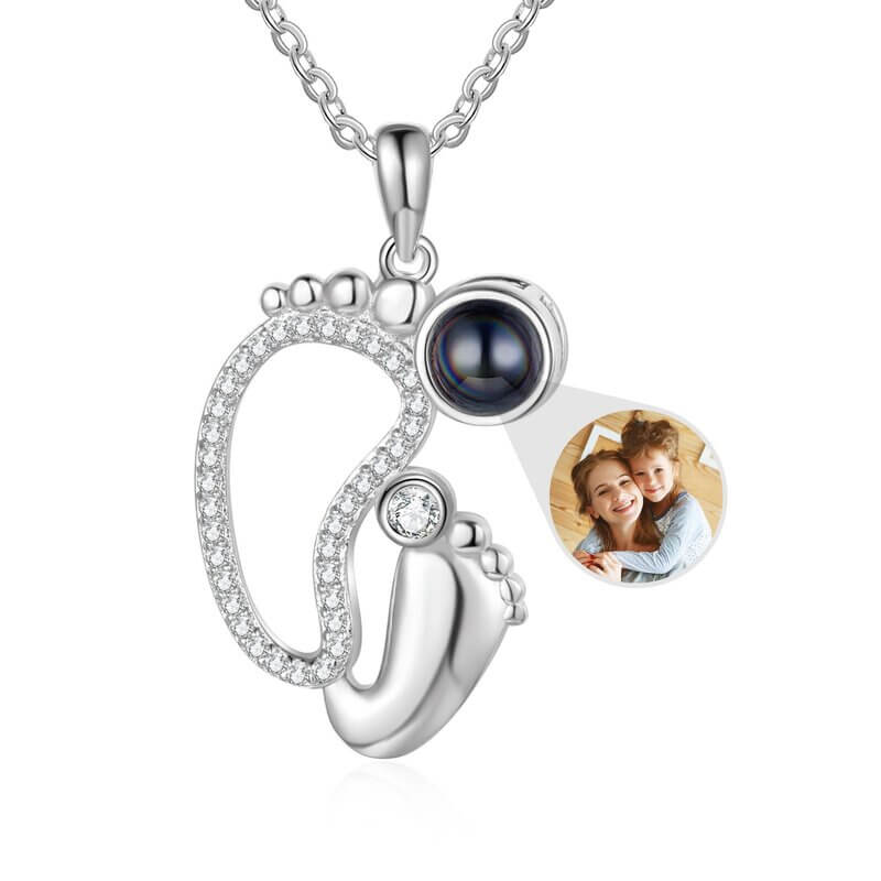 Photo Projection Necklace with Picture Inside | Personalized Photo Necklace for Mom | Baby Feet Pendant Photo Necklace