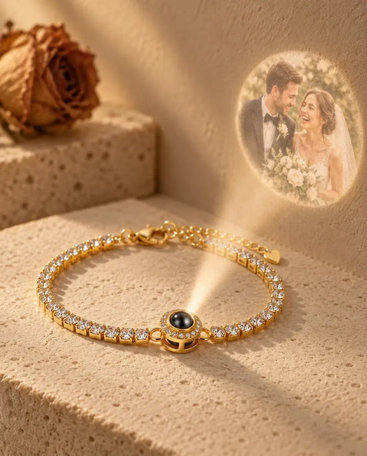 Photo Projection Tennis Bracelet for Women with Picture Inside - projecting the hidden photo onto a wall